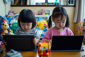 Siblings using a tablet and laptop at the same time, surrounded by toys, multitasking.
