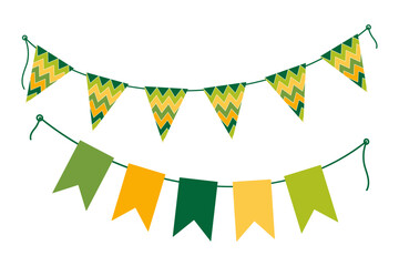 Fototapeta premium Festive pennant garland on rope in trendy traditional St Patrick Day colors. Greeting design element