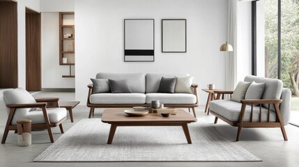 Modern Living Room with Grey Sofas, Wooden Furniture, and White Rug