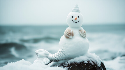 A creative snowman mermaid enjoys a winter day by the ocean, blending whimsy and nature in a coastal snowy landscape