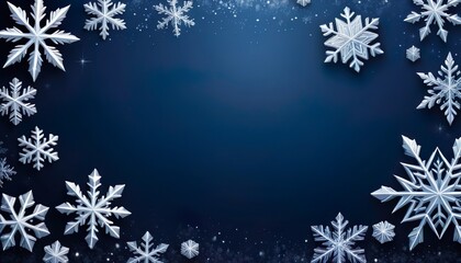 Snowflakes of different sizes are creating a winter frame on a dark blue background, with sparkling glitter adding a touch of magic to the scene, perfect for christmas projects.
