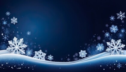 Snowflakes of different sizes are creating a winter frame on a dark blue background, with sparkling glitter adding a touch of magic to the scene, perfect for christmas projects.