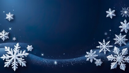 Snowflakes of different sizes are creating a winter frame on a dark blue background, with sparkling glitter adding a touch of magic to the scene, perfect for christmas projects.
