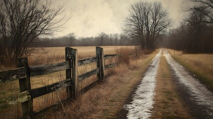 Obraz premium A Snowy Path Through a Bare Winter Field, Framed by a Wooden Fence