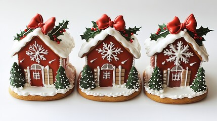 Beautiful gingerbread house cookies decorated in red and white, featuring snowflakes, pine trees, and hearts. Elegant and festive design, perfect for the holiday season.