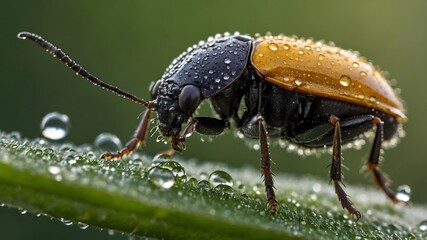 Fototapeta premium Morning Radiance: Cosnard's Net-Winged Beetle with Dewy Accents
