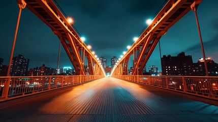 Naklejka premium Dramatic photo of a bridge at night illuminated by artificial light, strong geometric lines, urban setting, high contrast