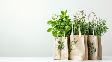 Eco-Friendly Shopping Bags with Plants on Simple Backdrop - Sustainable Living Concept