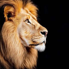 Fototapeta premium Dramatic side profile of a lion's face under harsh artificial light, detailed fur texture, intense gaze, powerful presence