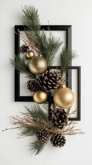 Black and gold Christmas decor with pine cones, black frames, greenery and glitter ornaments. isolated on a light background
