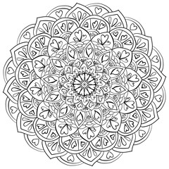 Outline mandala with hearts, coloring page for kids or adults for Valentine's Day activities