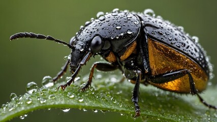 Naklejka premium Sunrise Splendor: The Cosnard's Net-Winged Beetle in Dewy Elegance
