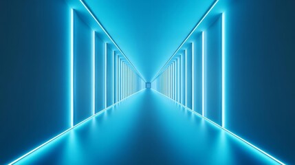 Obraz premium Futuristic hallway lit by artificial blue light, high-tech design, dramatic perspective, strong shadows