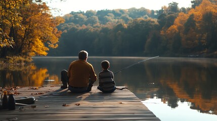A father and son fishing together on a dock.