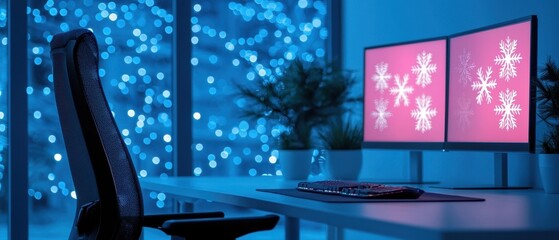 Blue Bokeh Lights and Gaming Setup with Snowflake Screen