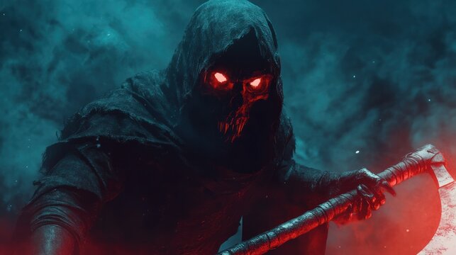 Realistic depiction of the grim reaper, clutching a scythe, eyes glowing faintly under hood, shadowy mist surrounding