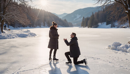 Romantic winter proposal on ice, with a couple enjoying a beautiful snowy landscape