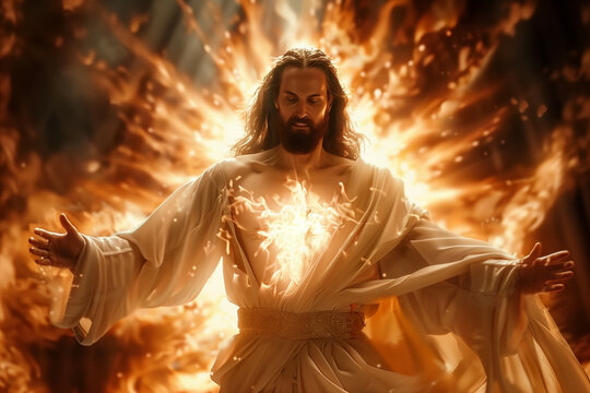 A majestic portrayal of a figure resembling Jesus surrounded by divine flames and ethereal light - Powered by Adobe