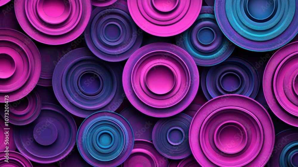 Poster colorful abstract background with layered circular patterns in vibrant shades of pink and blue.