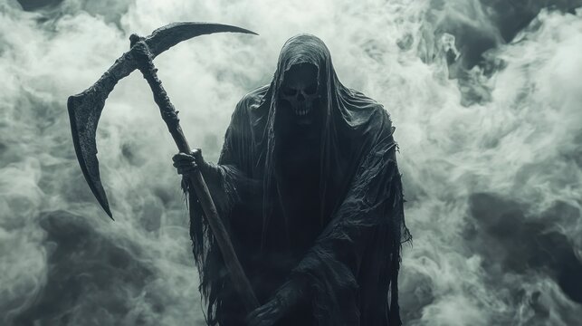 Realistic illustration of grim reaper holding a scythe, cloaked in shadowy, tattered robes, eerie mist swirling around
