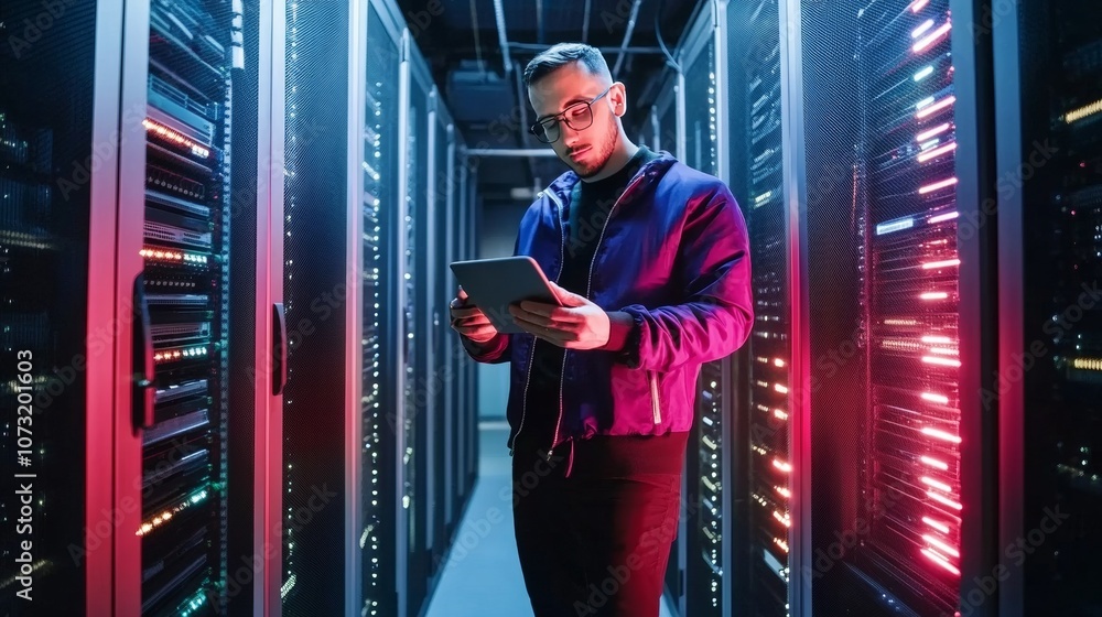Aufkleber data center engineer monitoring server operations, cybersecurity and data protection in action