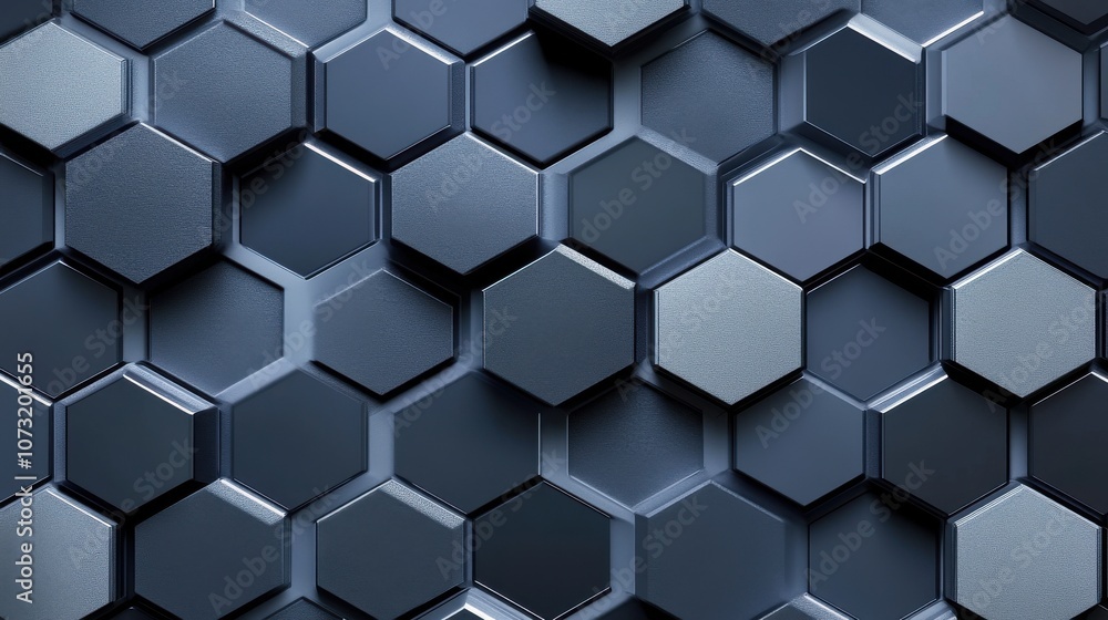 Poster a close-up view of interlocking hexagonal panels in dark shades, showcasing a modern and sleek desig