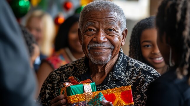 kwanzaa day, Joyful Elderly Man Holding Gift with Proud Expression