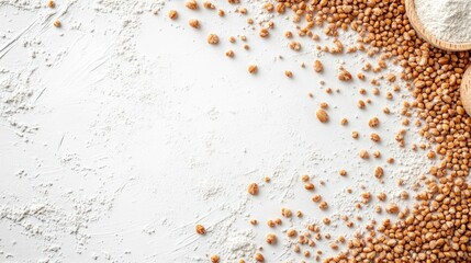 White background with whole wheat grains and flour in bowls, creating a border.