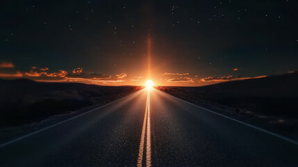 Fototapeta premium A straight road stretching toward a glowing horizon, representing journeys and goals.