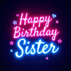 Obraz premium Stylish happy birthday sister image card with glowing text and fun elements.