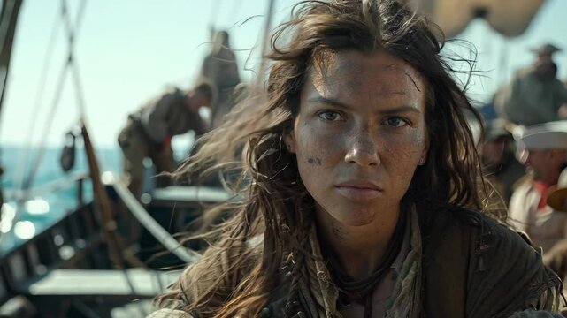 The pirate spirit: pirate in 17th-century costume faces the rough seas, standing bravely on ship deck, with fearlessness, thirst for freedom in his eyes, surrounded by scent of salt and gunpowder.