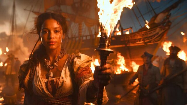 Life of a pirate: pirate, adorned in 17th-century attire, stands firm on deck of a ship as the Caribbean waves crash around him, embodying adventure, danger, desire for treasure in salty sea breeze.