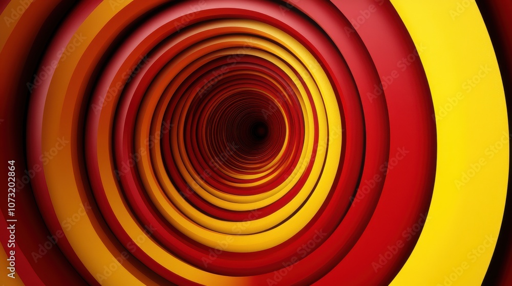 Poster vibrant spiral pattern in red and yellow tones, creating a sense of depth and movement.