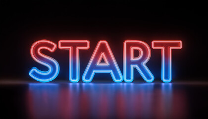 Neon glowing text START on dark backdrop. 3D rendering.