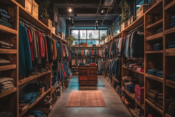  Showcase with a lot of different colorful folded men's adult fashion shirts in stock on the shelves in a men's vintage clothing store