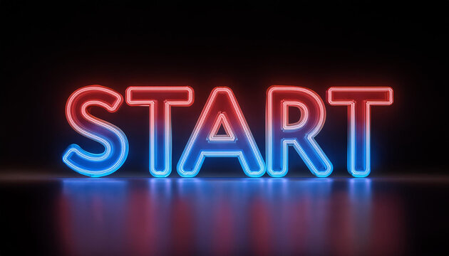 Neon glowing text START on dark backdrop. 3D rendering.