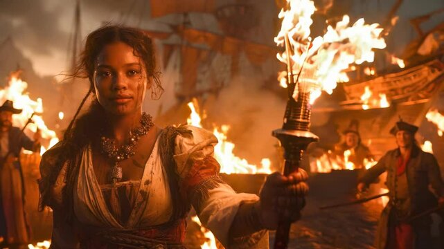 Life of a pirate: pirate, adorned in 17th-century attire, stands firm on deck of a ship as the Caribbean waves crash around him, embodying adventure, danger, desire for treasure in salty sea breeze.