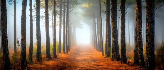 Atmospheric Pine Forest with Golden Sunlight Filtering Through Morning Fog