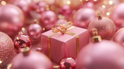 Pink and gold metallic ornaments, patterned spheres, and gift boxes with chocolate balls against a dark brown background. Captured in hyper-realistic photographic style.