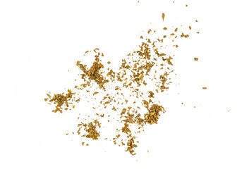 A scattered stack of sliced flying parsley leaves, dried green parsley pieces falling, top...