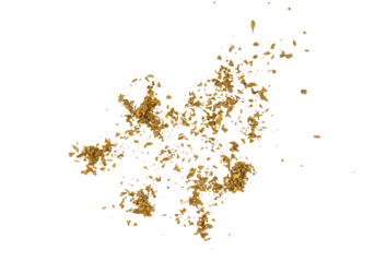 A scattered stack of sliced flying parsley leaves, dried green parsley pieces falling, top perspective, grunge overlay on a transparent background