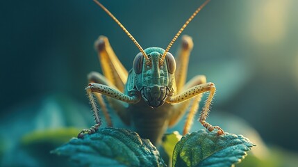 Fototapeta premium Close-up of a green grasshopper on a leaf, looking directly at the camera.