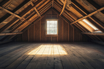 Sunlight streams through attic windows, illuminating the rustic wooden beams and floor, creating a warm and inviting atmosphere.
