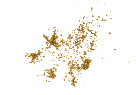 A scattered stack of sliced flying parsley leaves, dried green parsley pieces falling, top perspective, grunge overlay on a transparent background