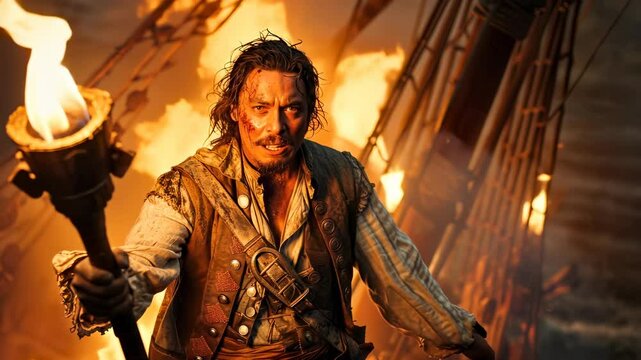 The pirate spirit: pirate in 17th-century costume faces the rough seas, standing bravely on ship deck, with fearlessness, thirst for freedom in his eyes, surrounded by scent of salt and gunpowder.