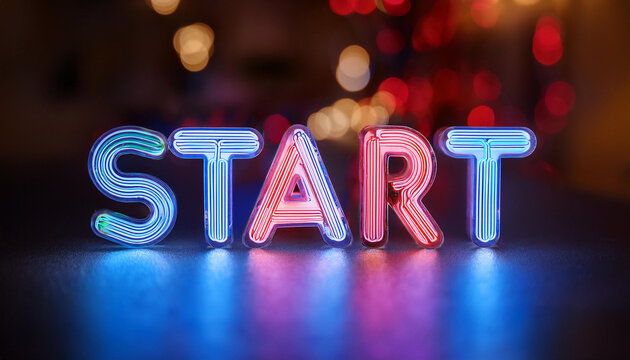 Neon glowing text START on dark backdrop. 3D rendering.