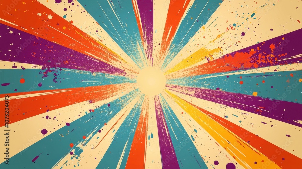 Poster vibrant abstract background with colorful streaks radiating from a central point, creating an energe