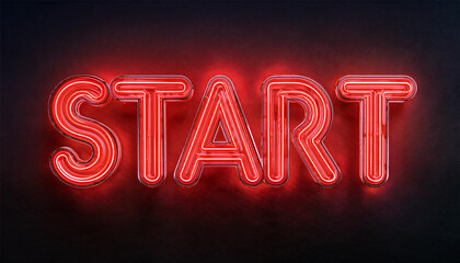 Neon glowing text START on dark backdrop. 3D rendering.