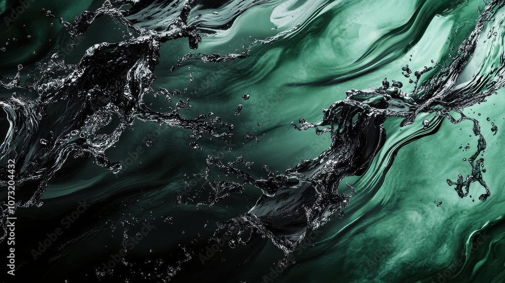 Poster dynamic abstract water splash in shades of green and black, creating a sense of movement and fluidit