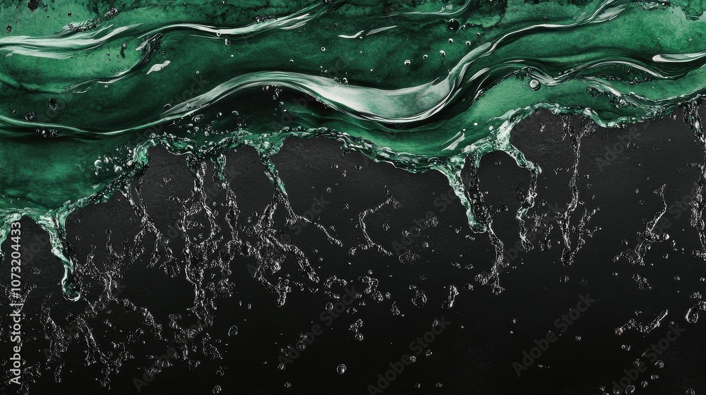 Poster abstract close-up of dark green fluid creating dynamic waves and splashes against a black background